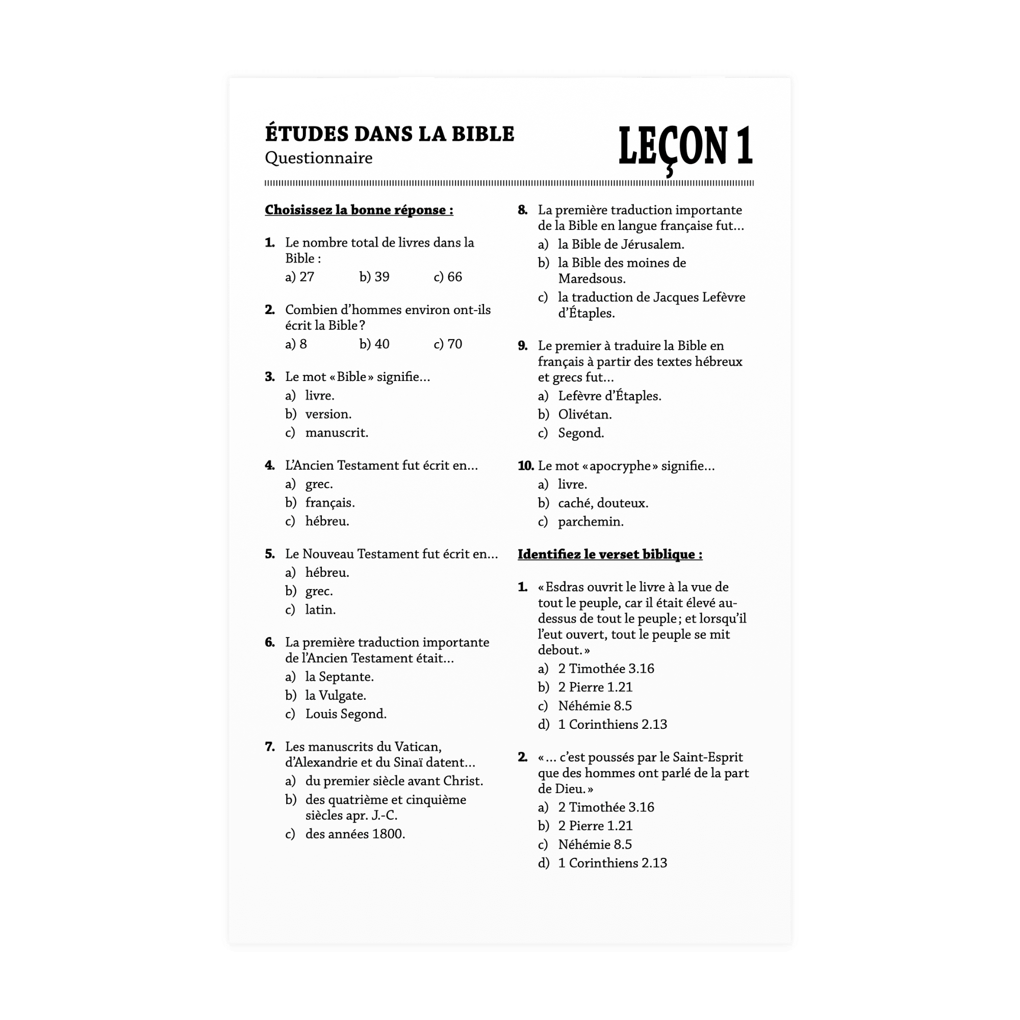 À la rencontre de la Bible – Questionnaires
